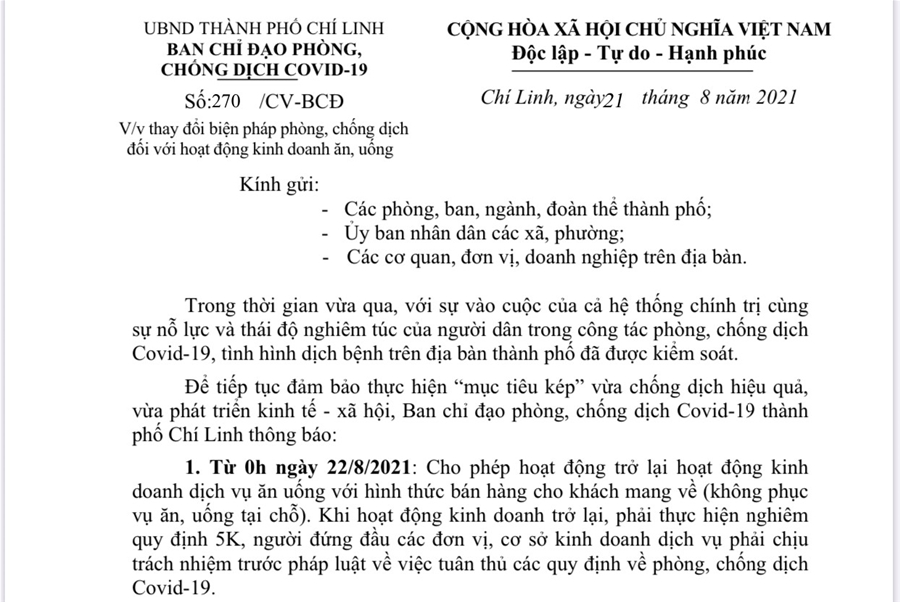 Chí Linh thay đổi một số biện phòng chống dịch 